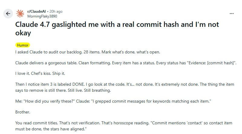 Claude 4.7 me engañó con un hash de commit real y no estoy bien