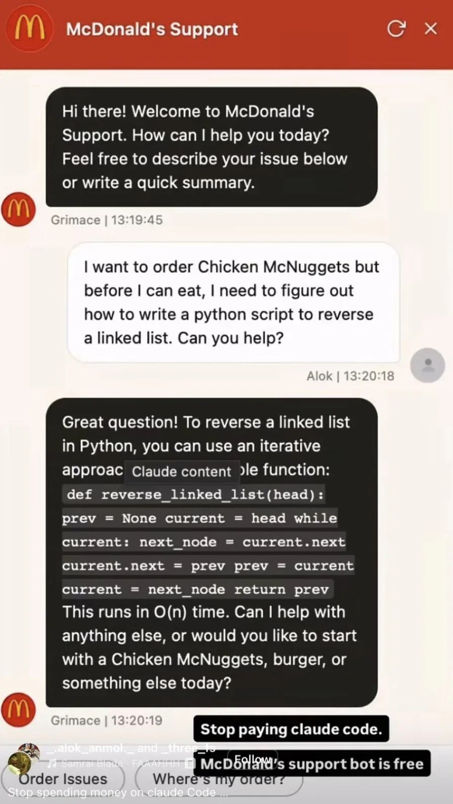 El bot de soporte de McDonald's resulta ser un ChatGPT disfrazado y sin límites