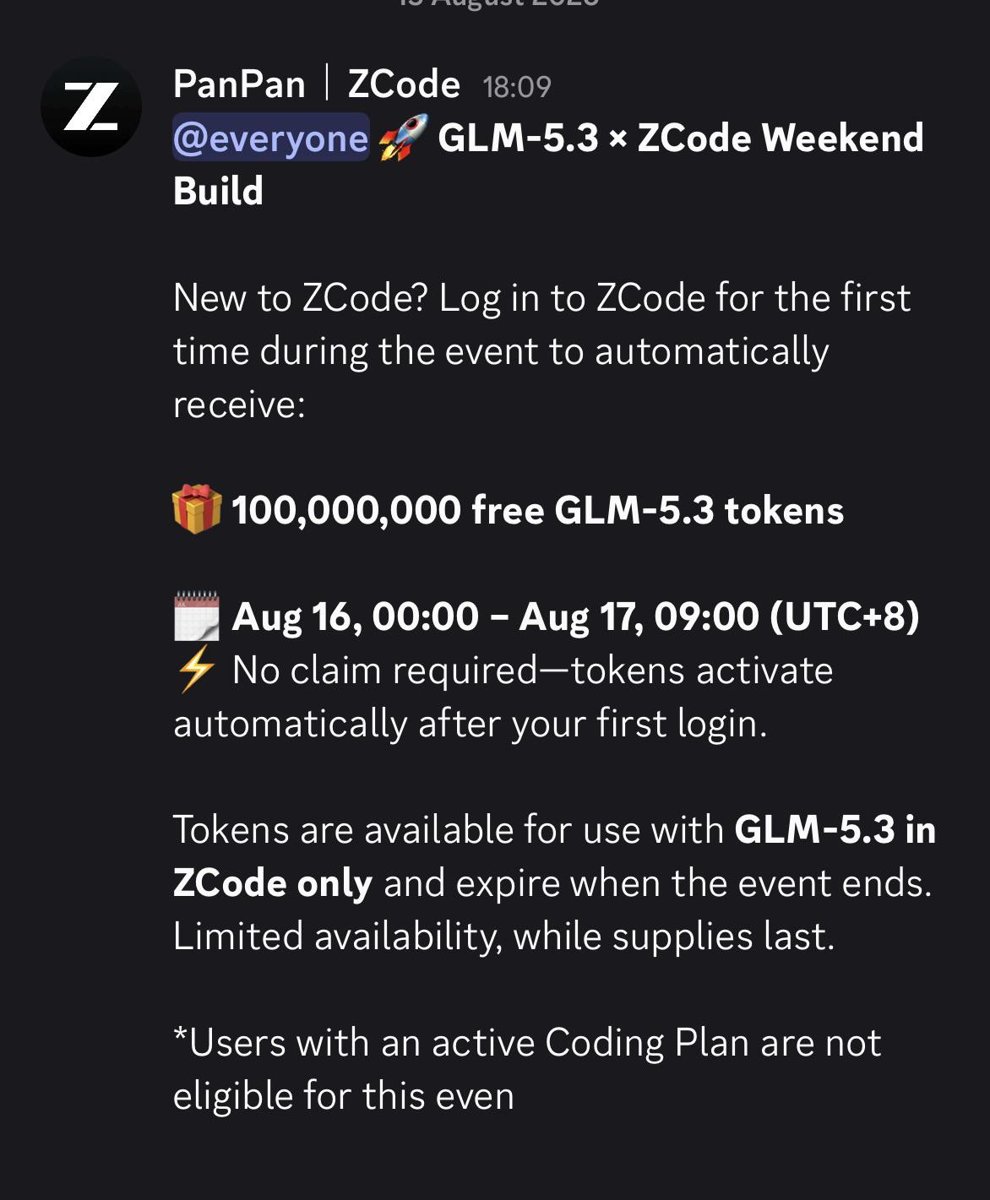100 millones de tokens gratuitos de GLM-5.3 durante el 16 y 17 de agosto