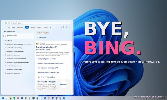 Microsoft permite eliminar Bing de la búsqueda en Windows 11 tras años de obligarlo en cada PC
