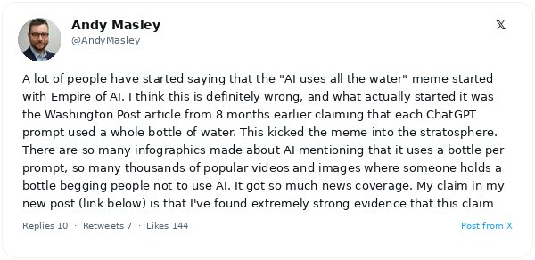 Andy Masley desmonta el mito de la 'botella de agua' en ChatGPT: su consumo real es hasta 250 veces menor