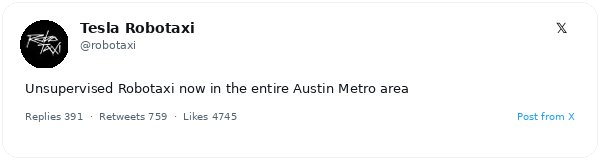 Tesla lanza su servicio de Robotaxi sin supervisión humana en Austin, Texas