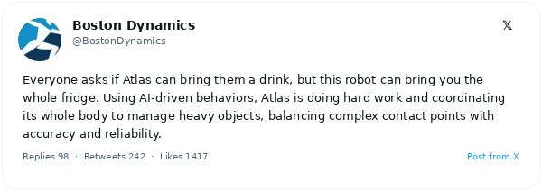 El robot Atlas de Boston Dynamics carga frigoríficos completos con precisión gracias a la IA