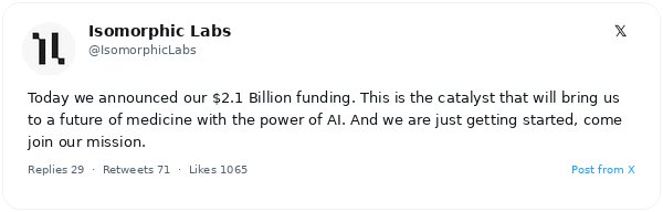 Isomorphic Labs recauda 2.100 millones de dólares en una ronda Serie B para expandir su plataforma de IA en el diseño de fármacos