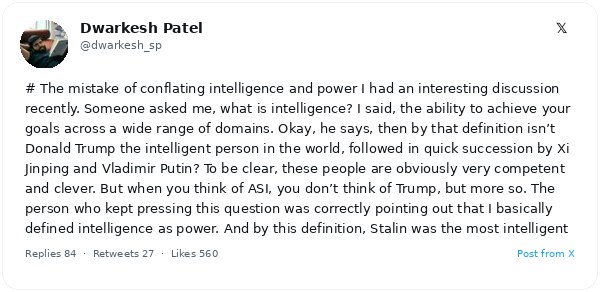 Dwarkesh Patel separa la inteligencia del logro de objetivos