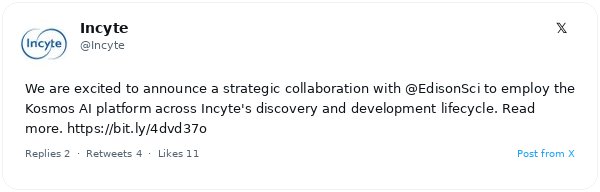 Edison Scientific anuncia colaboración estratégica con Incyte para integrar Kosmos AI en todo el ciclo de desarrollo de fármacos