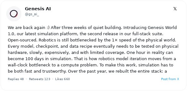 Genesis AI lanza Genesis World 1.0, un simulador de robótica de código abierto que convierte una hora de prueba real en 100 días de simulación