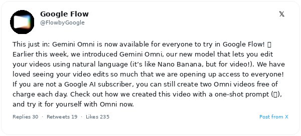 Google Flow abre Gemini Omni a todos los usuarios: edición de video con lenguaje natural y límite diario gratuito