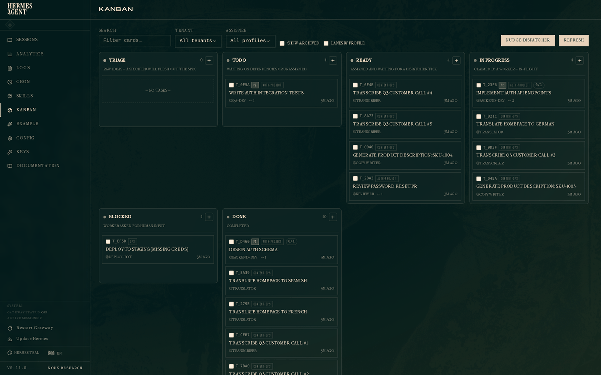 Hermes Agent Kanban incorpora descomposición automática de tareas y asignación de perfiles de agentes