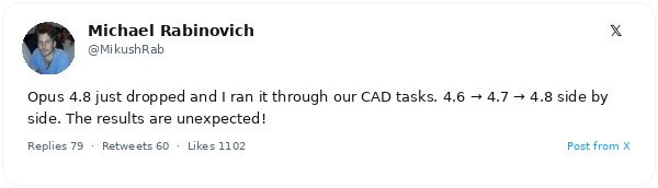 Michael Rabinovich sorprende con la evaluación de Opus 4.8: mejoras inesperadas en tareas de CAD 2D a 3D