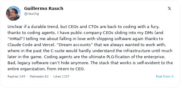 El creador de Next.js, Guillermo Rauch, afirma que los CEOs están volviendo a programar activamente usando agentes de IA como Claude Code