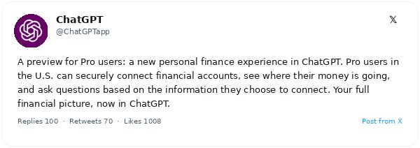OpenAI lanza una vista previa de finanzas personales en ChatGPT para suscriptores Pro