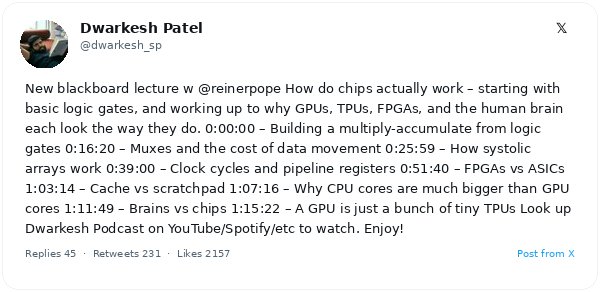 Reiner Pope construye una unidad MAC desde compuertas lógicas y analiza arrays sistólicos, FPGAs, ASICs y la arquitectura cerebral en una lección de pizarra