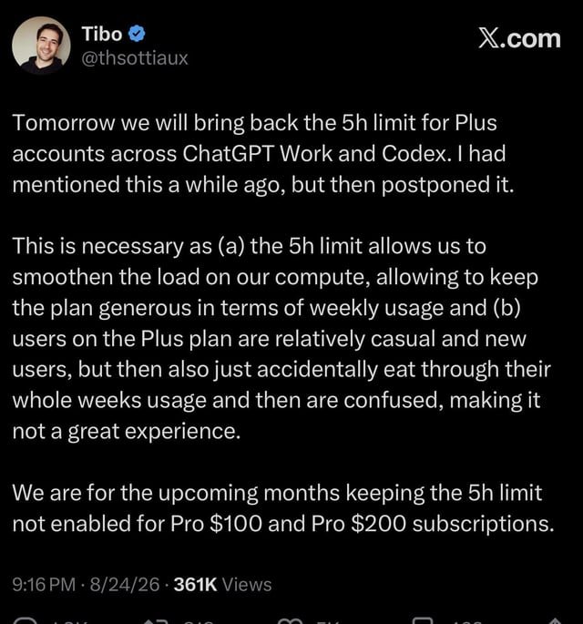 OpenAI reintroduce el límite de 5 horas para usuarios de ChatGPT Plus