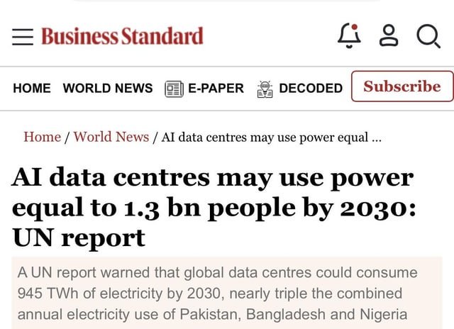 Los centros de datos de IA podrían consumir tanta electricidad como 1.300 millones de personas para 2030