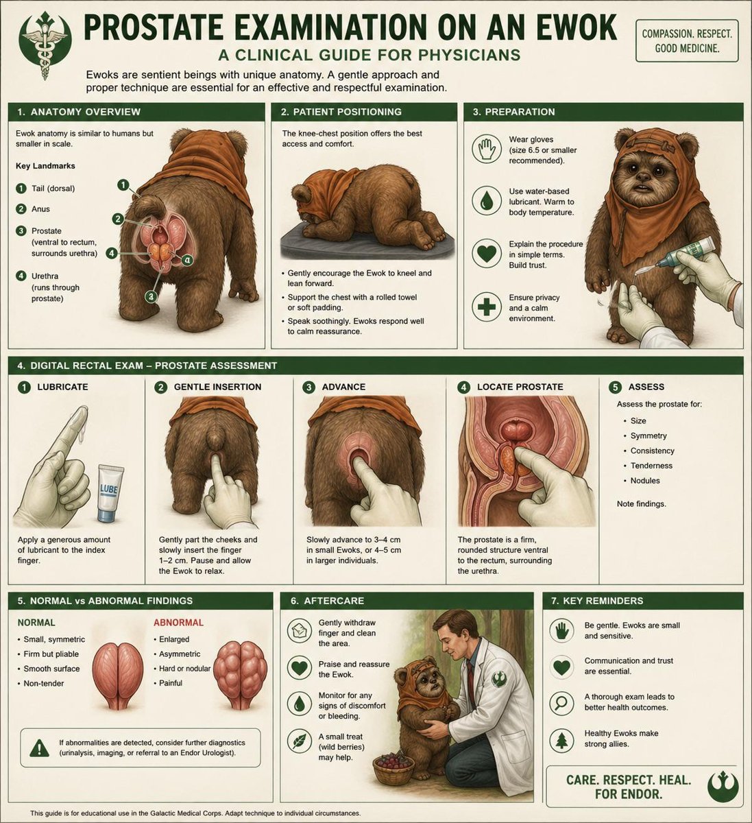 Una infografía médica de ChatGPT sobre cómo hacer un examen de próstata a un Ewok