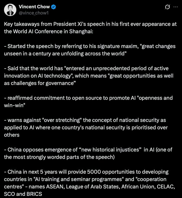 Xi Jinping reafirma en la Conferencia Mundial de IA su apuesta por el código abierto para una 'apertura y beneficio mutuo'