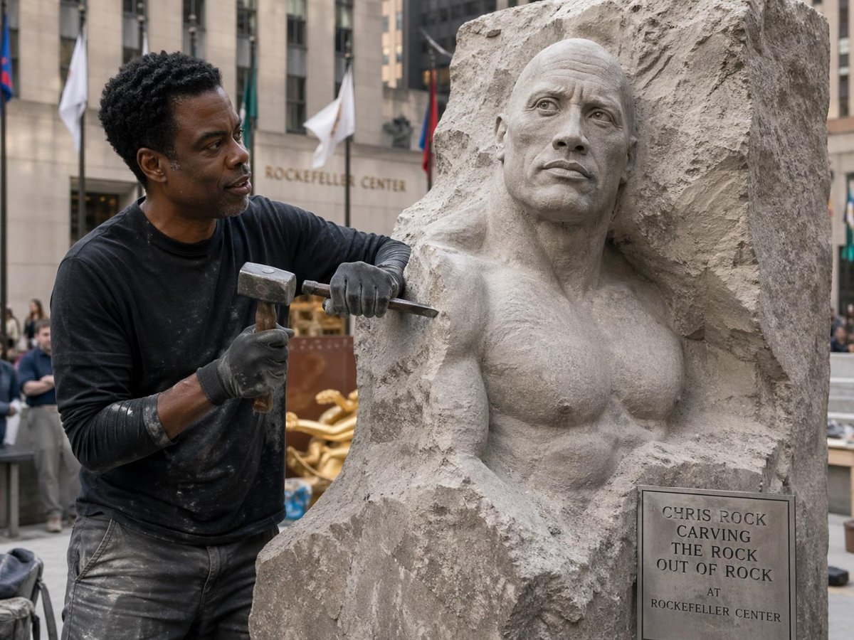 Chris Rock esculpiendo The Rock con roca en Rockefeller Center