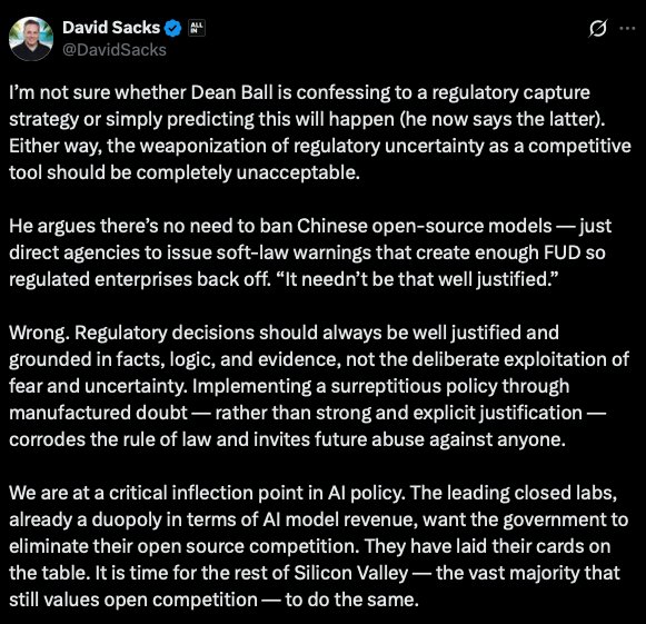 David Sacks acusa a Anthropic y OpenAI de duopolio y de querer usar la regulación para eliminar la competencia de código abierto