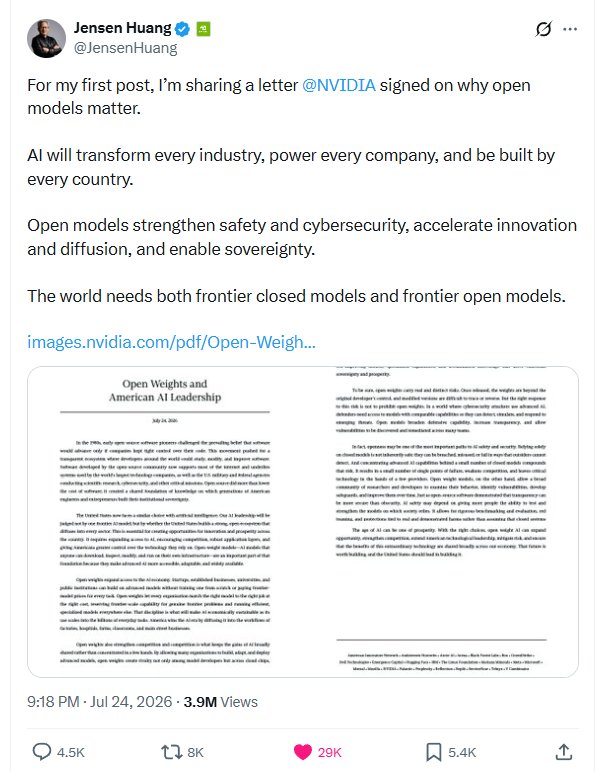 Jensen Huang crea su cuenta oficial de X para apoyar los modelos abiertos de IA