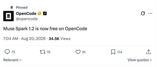 Muse Spark 1.2 ahora disponible de forma gratuita en OpenCode