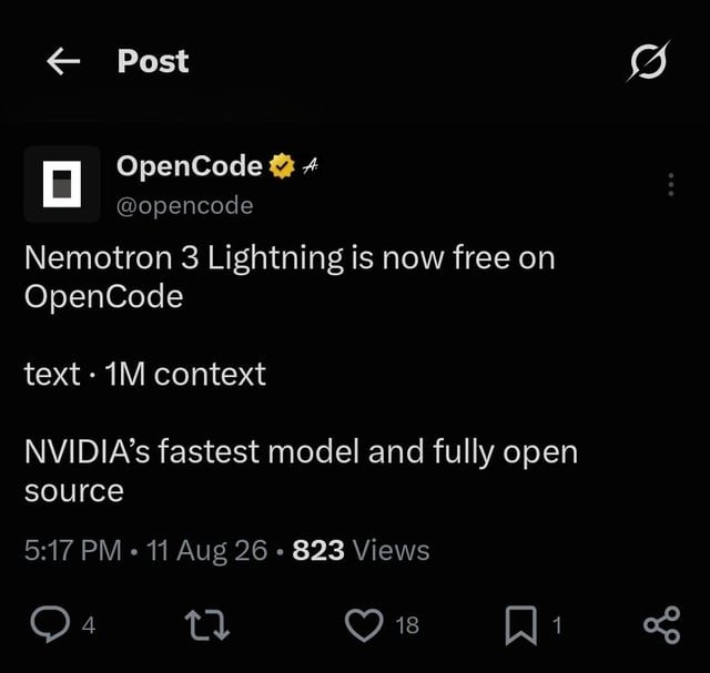 Nemotron 3 Lightning ahora es gratuito en OpenCode y divide a la comunidad