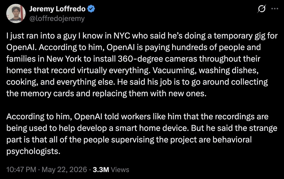 OpenAI paga a personas en Nueva York por instalar cámaras de 360 grados en sus hogares que graban todo: aspirar, lavar platos, cocinar, etc.