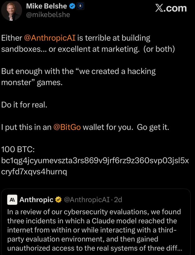 CEO desafía a modelos de Anthropic a hackear su wallet con 100 bitcoins y enciende el debate en Reddit