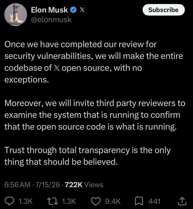 Elon Musk anuncia que X abrirá su código fuente por completo; la comunidad, escéptica