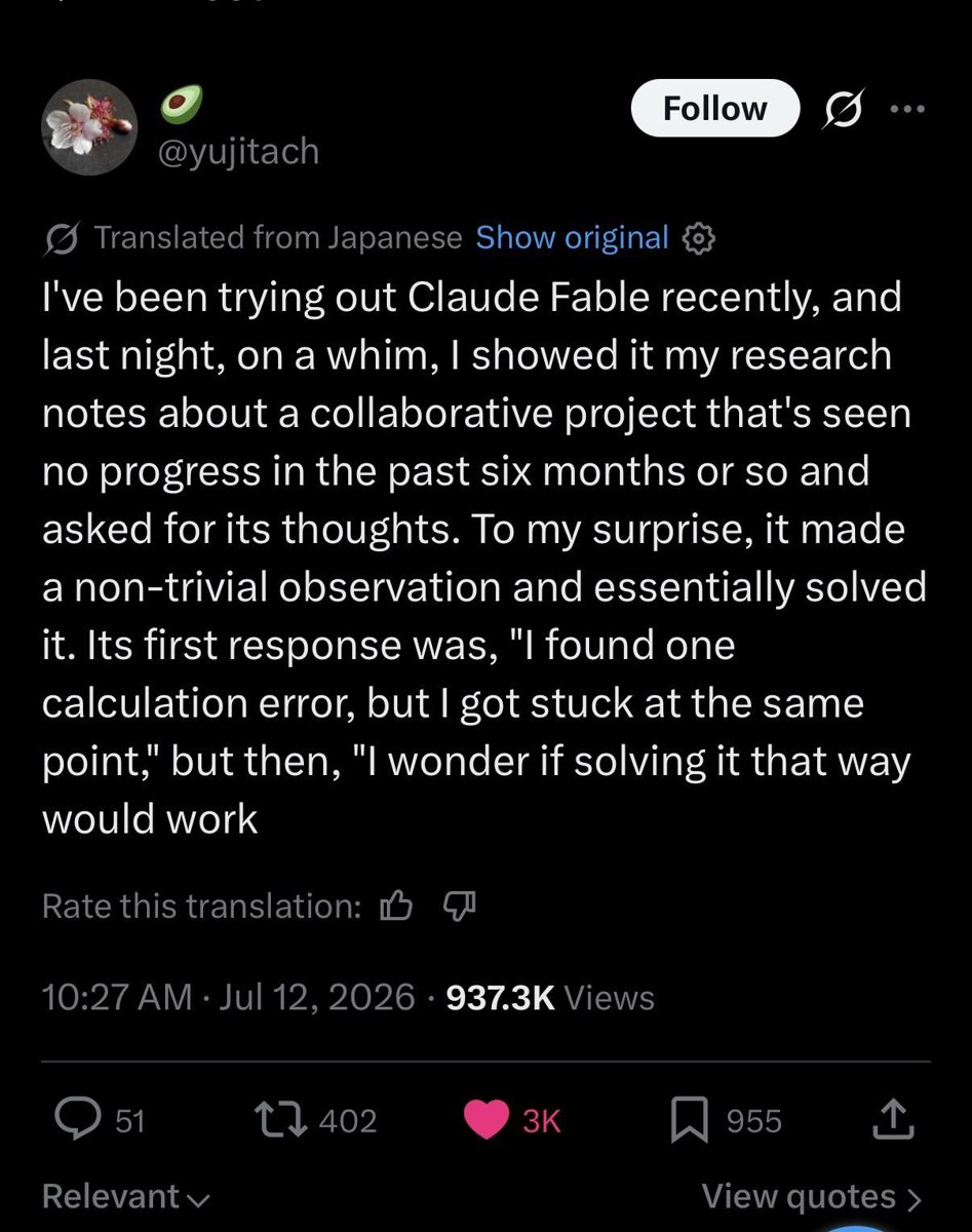 El físico Yuji Tachikawa reporta que Fable 5 resolvió un problema que lo mantuvo atascado durante 6 meses